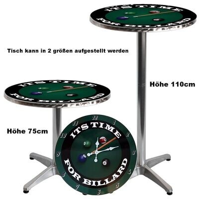 Stehtisch bzw. Bistrotisch mit Aufdruck Billard und XXXXL 60cm Durchmesser Billard Wanduhr beides mit Aufdruck Its Time for Billard