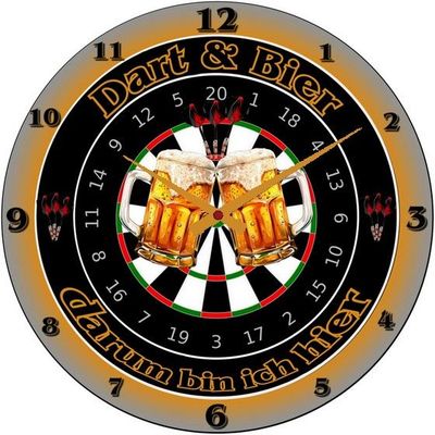 Top Wanduhr " Dartuhr mit Aufschrift Dart & Bier darum bin ich hier "