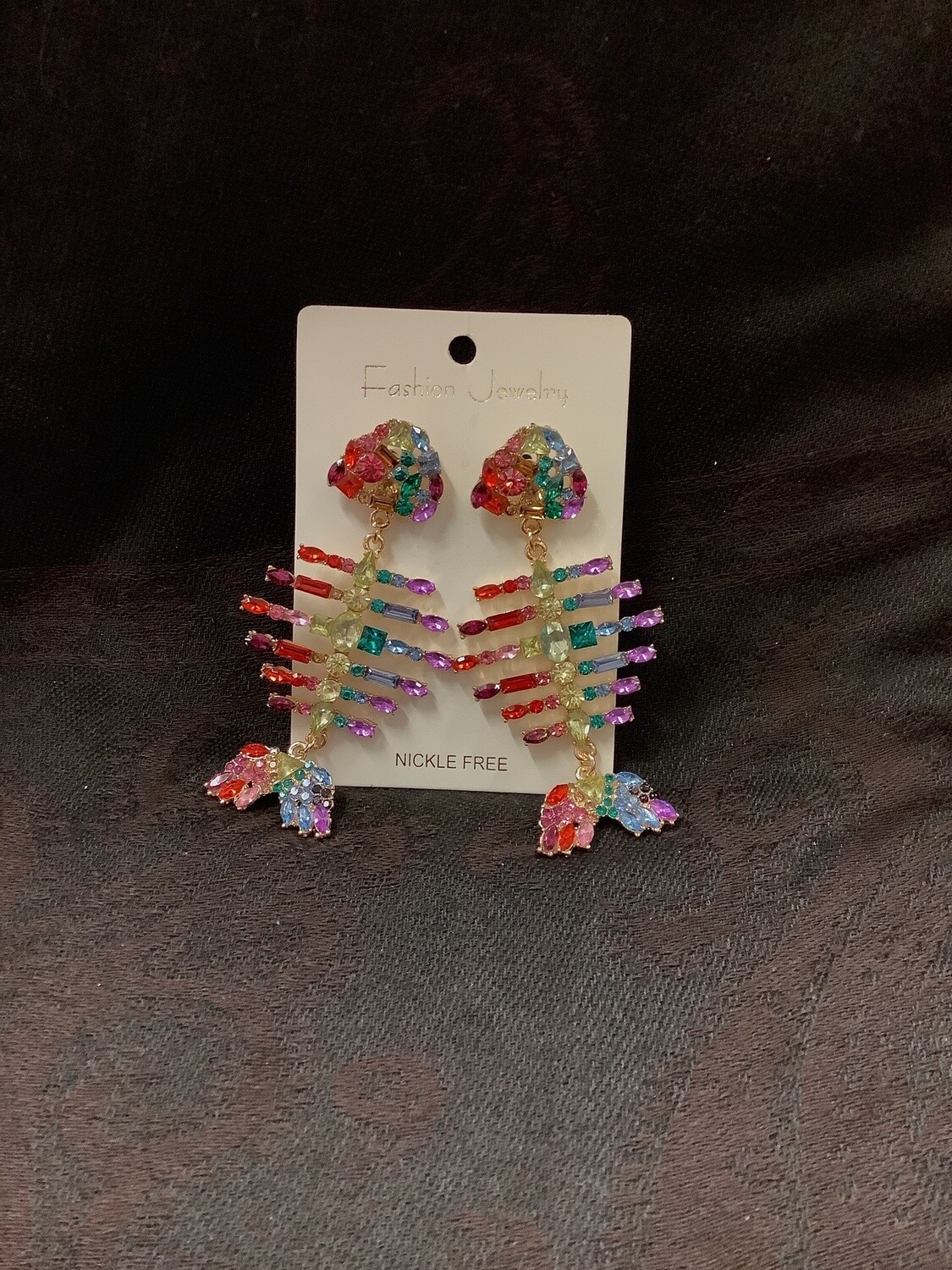 Rainbow Diamond Fish Bone Earrings