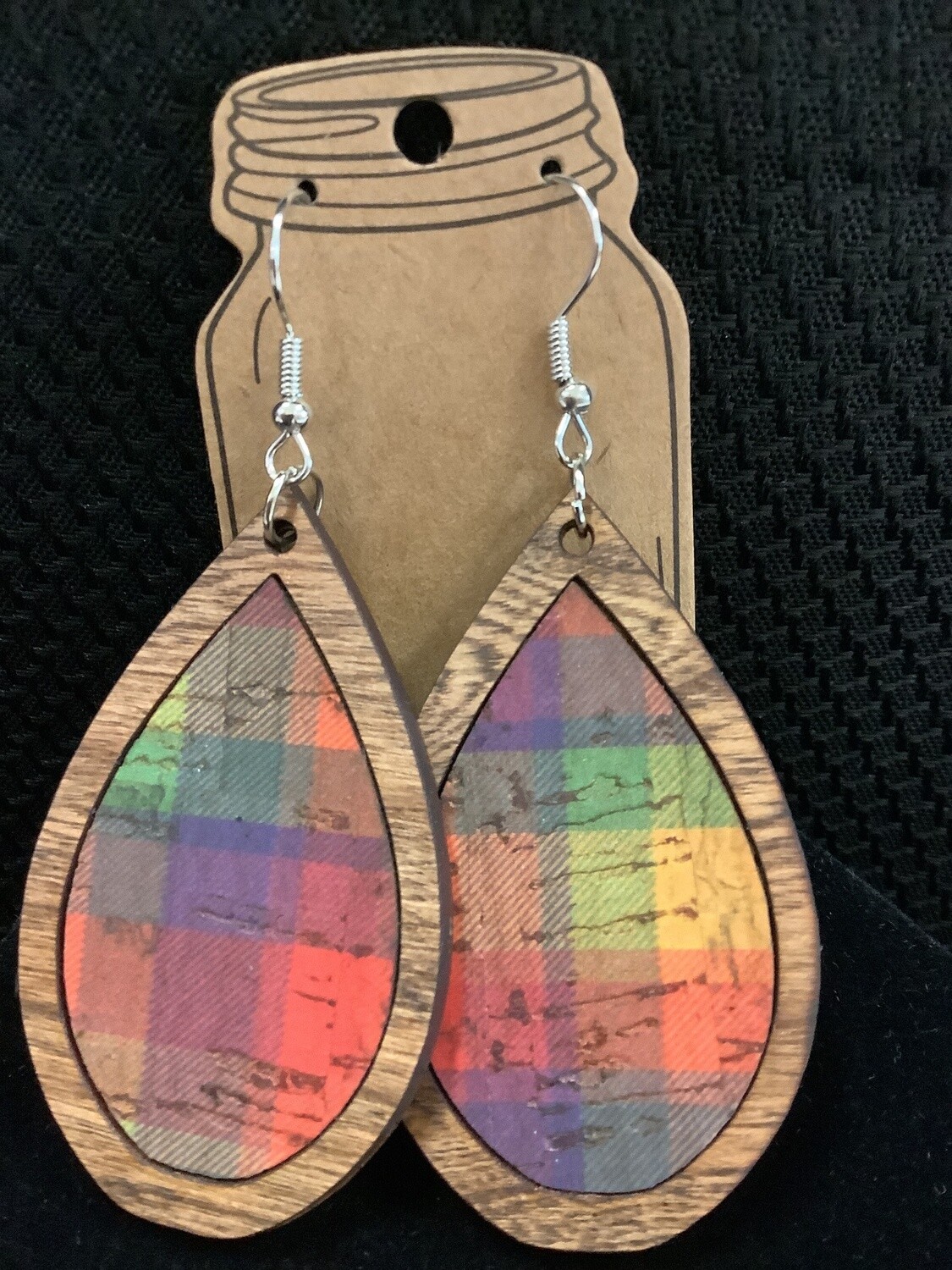 Rainbow Plaid Wood Teardrop Earrings