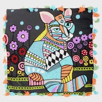 Black Embroidered Sitting Cat Pillow
