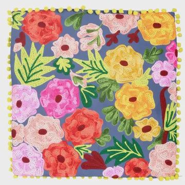Dark Blue Embroidered Floral Pillow