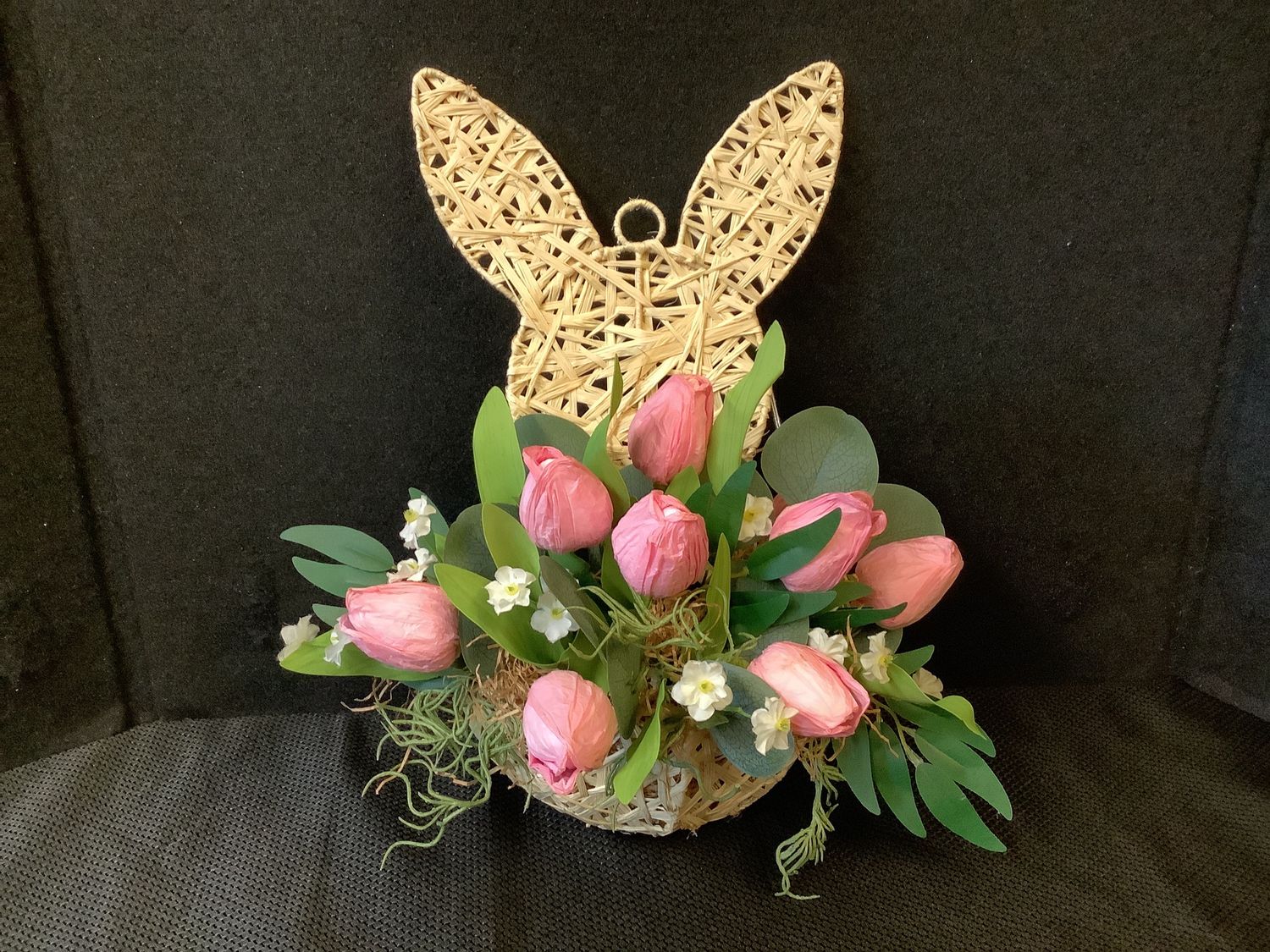 Raffia Bunny Basket with Pink Tulips
