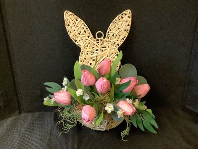 Raffia Bunny Basket with Pink Tulips