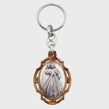 Olive Wood &amp; Metal Keychain, Style: Divine Mercy Keychain