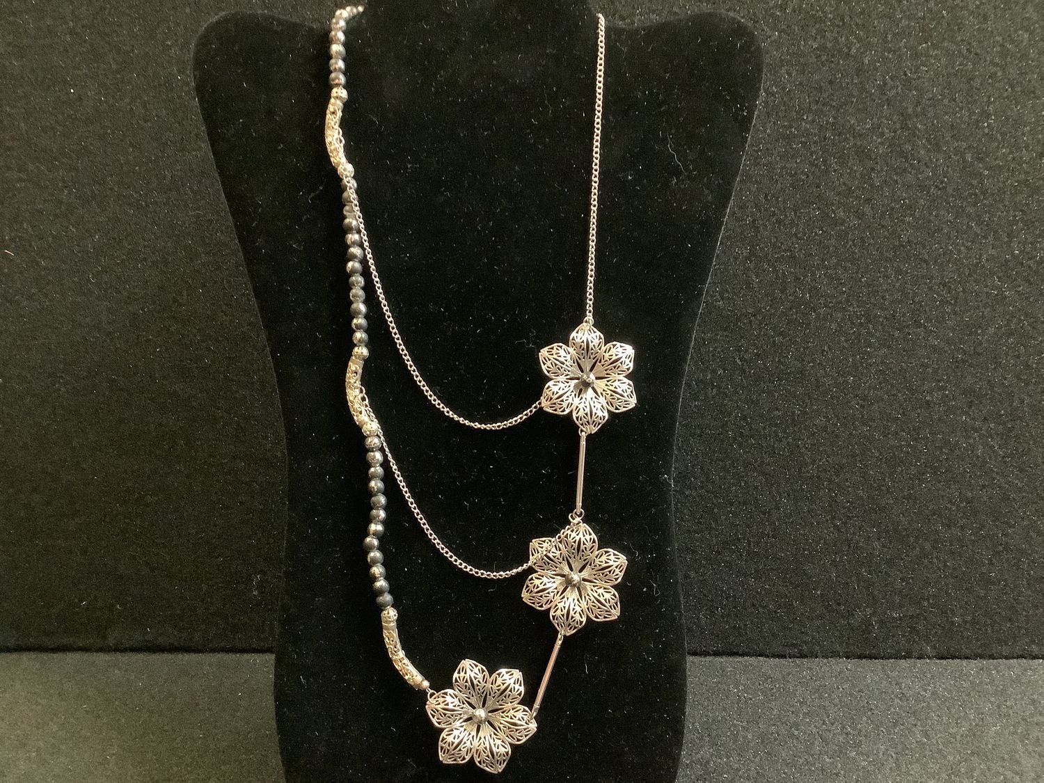 Three Strand Silver Floral Necklace