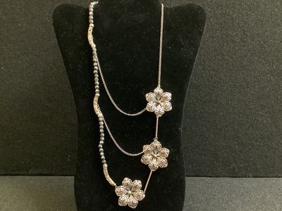 Three Strand Silver Floral Necklace