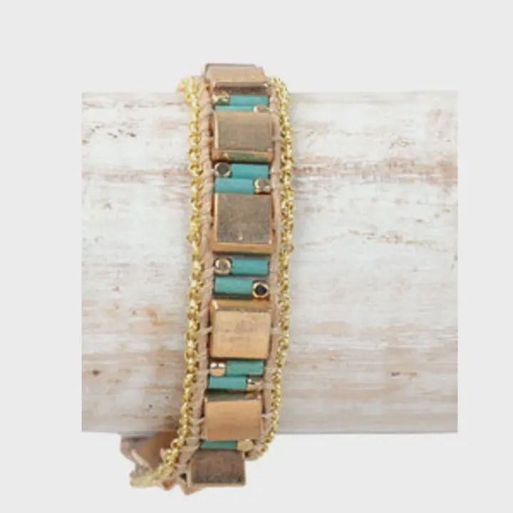 Gold Square &amp; Turquoise Beaded Bracelet