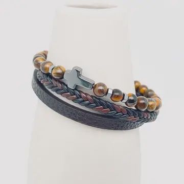 Men&#39;s Leather Bracelet Cross &amp; Tiger Stone