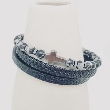 Men&#39;s Leather Bracelet Cross &amp; Black Stone