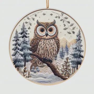 Embroidered Owl Ceramic Ornament