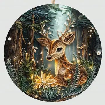 Embroidered Deer Ceramic Ornament