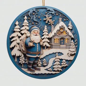 Winter Santa with Cabin Ornament