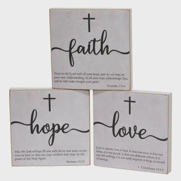 Faith, Hope, Love Bible Verse Block Sign