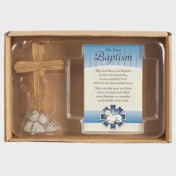 Cross Figure with Card Baptism Resin 3"H