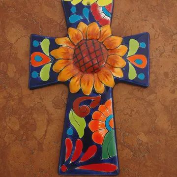 Mexican Talavera Sunflower Wall Cross 10"