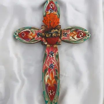 Mexican Hand-Painted Wall Cross Sacred Heart 11"