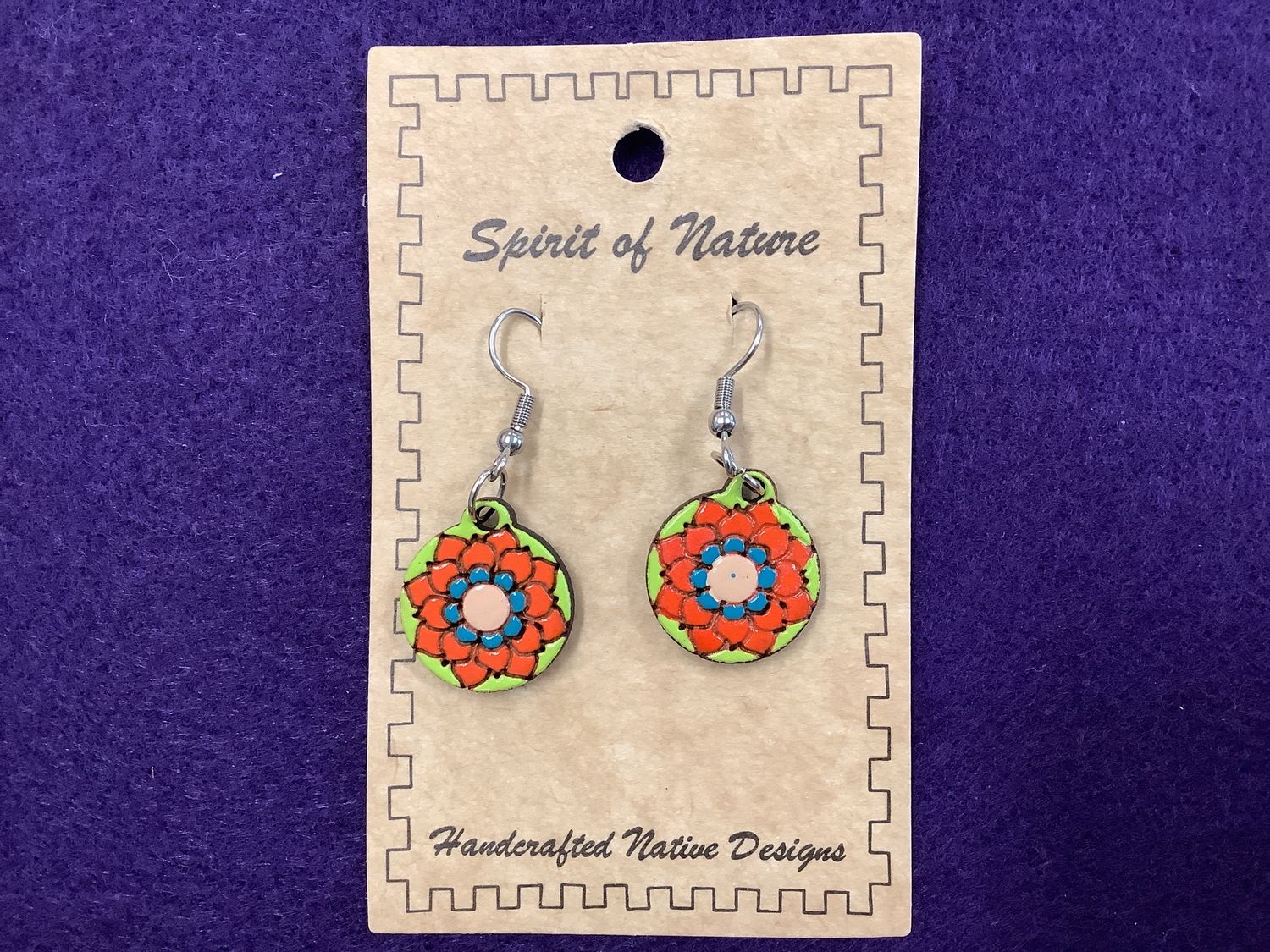 Wooden Flower Mandala Round Earrings, Colour: Orange