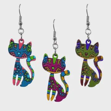 Wooden Mosaic Cat Earrings