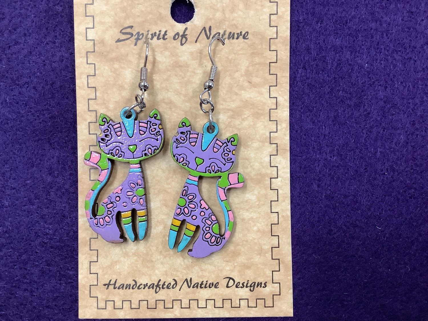 Wooden Mosaic Cat Earrings, Colour: Purple