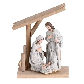 Holy Family in Wooden Creche 8"