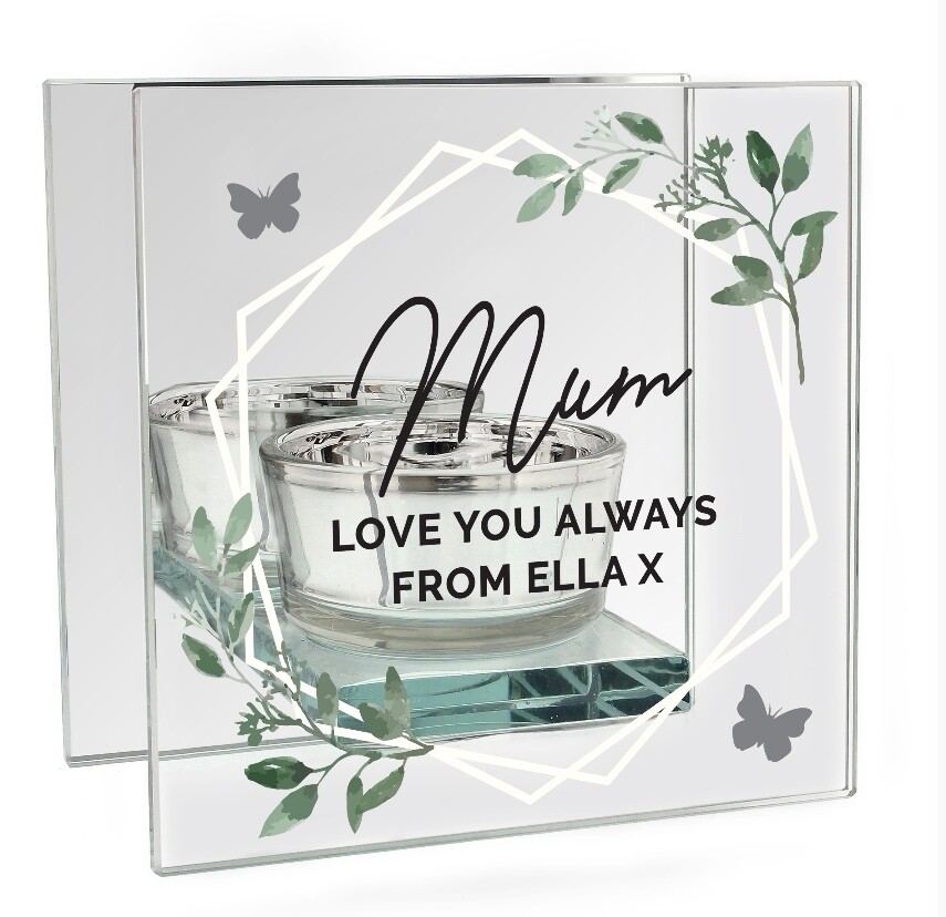 Personalised Botanical Mirrored Glass Tea Light Candle Holder