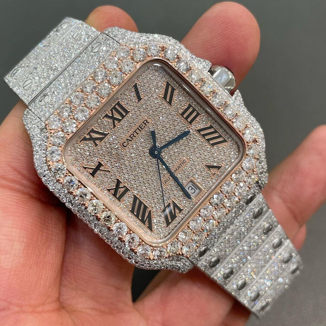 icedout cartier watch moissanite watch vvs d color pass diamond tester