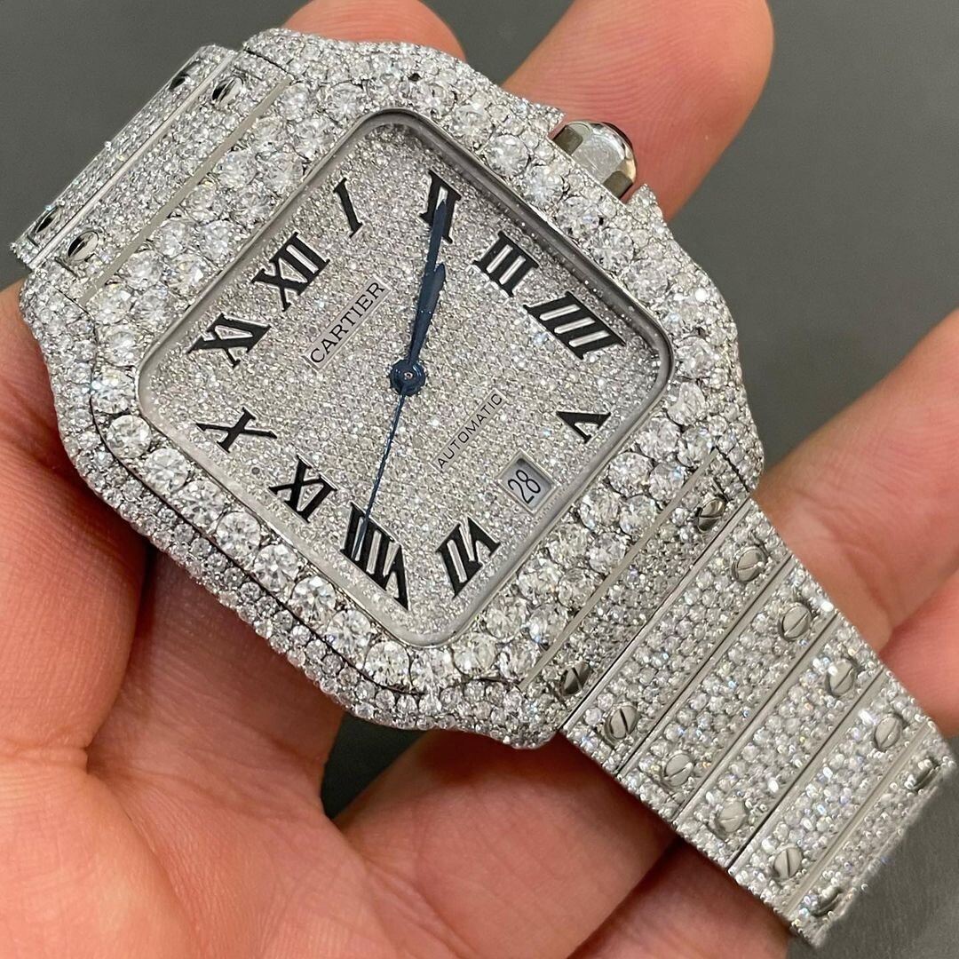 icedout cartier watch moissanite watch vvs d color pass diamond tester