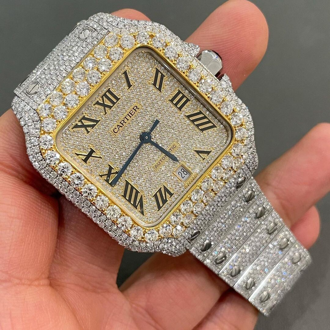 icedout cartier watch moissanite watch vvs d color pass diamond tester
