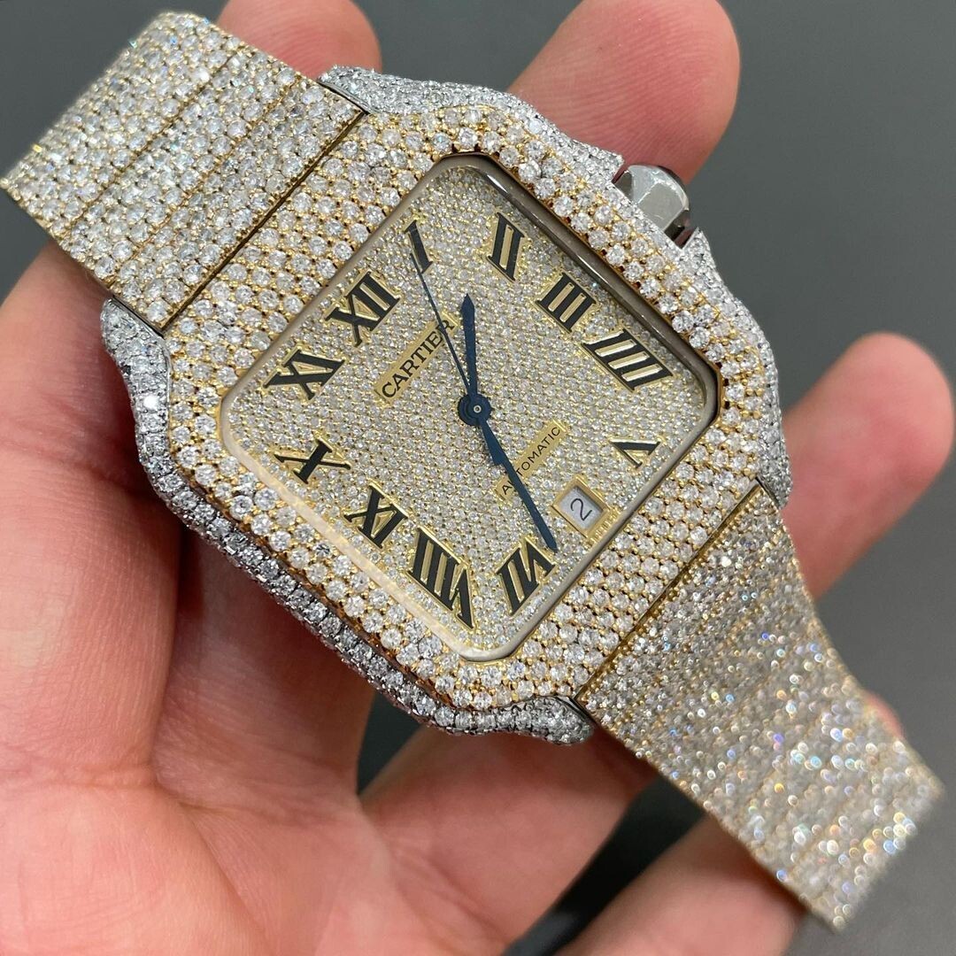 icedout cartier watch moissanite watch vvs d color pass diamond tester