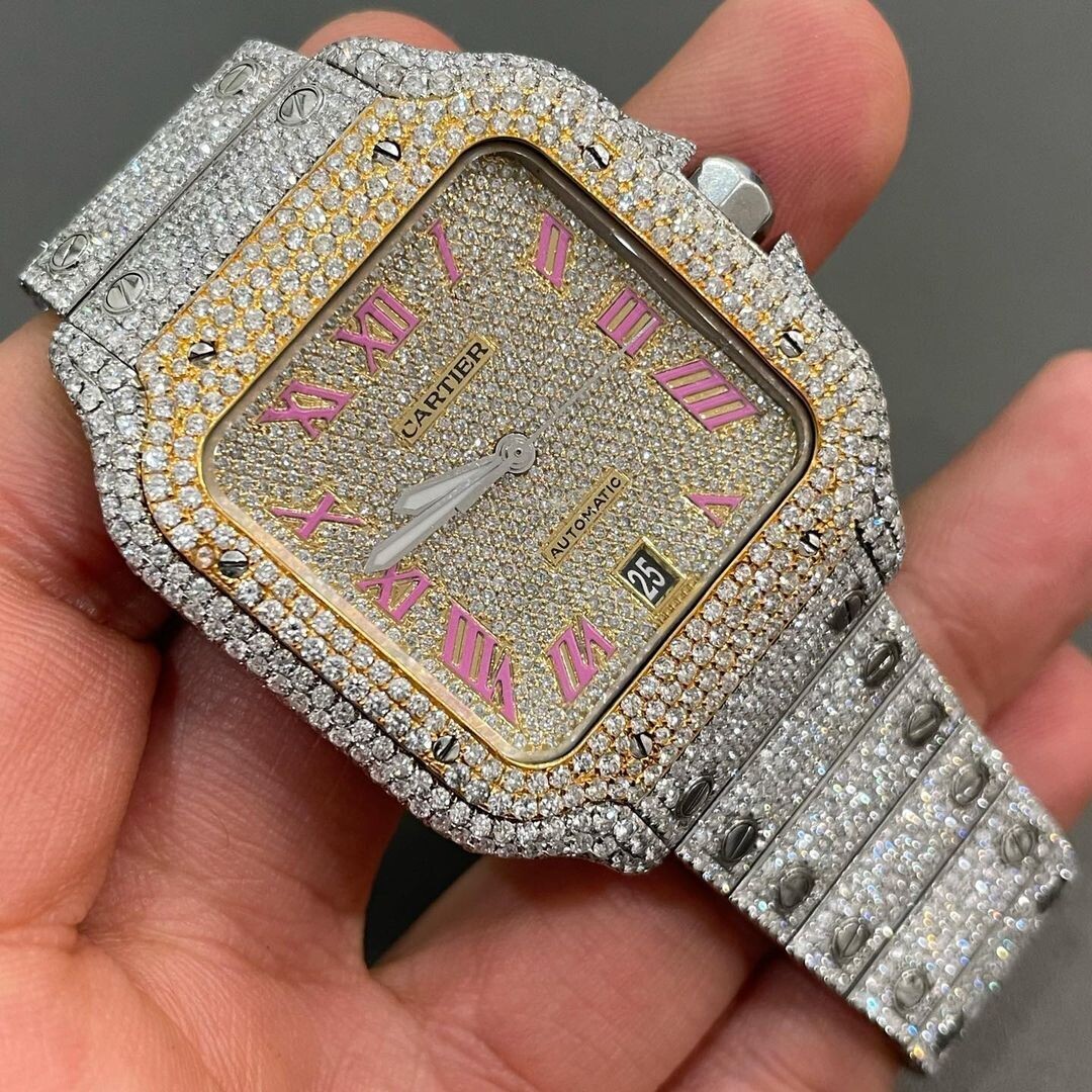 icedout cartier watch moissanite watch vvs d color pass diamond tester