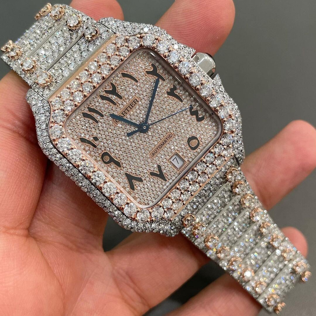 icedout cartier watch moissanite watch vvs d color pass diamond tester