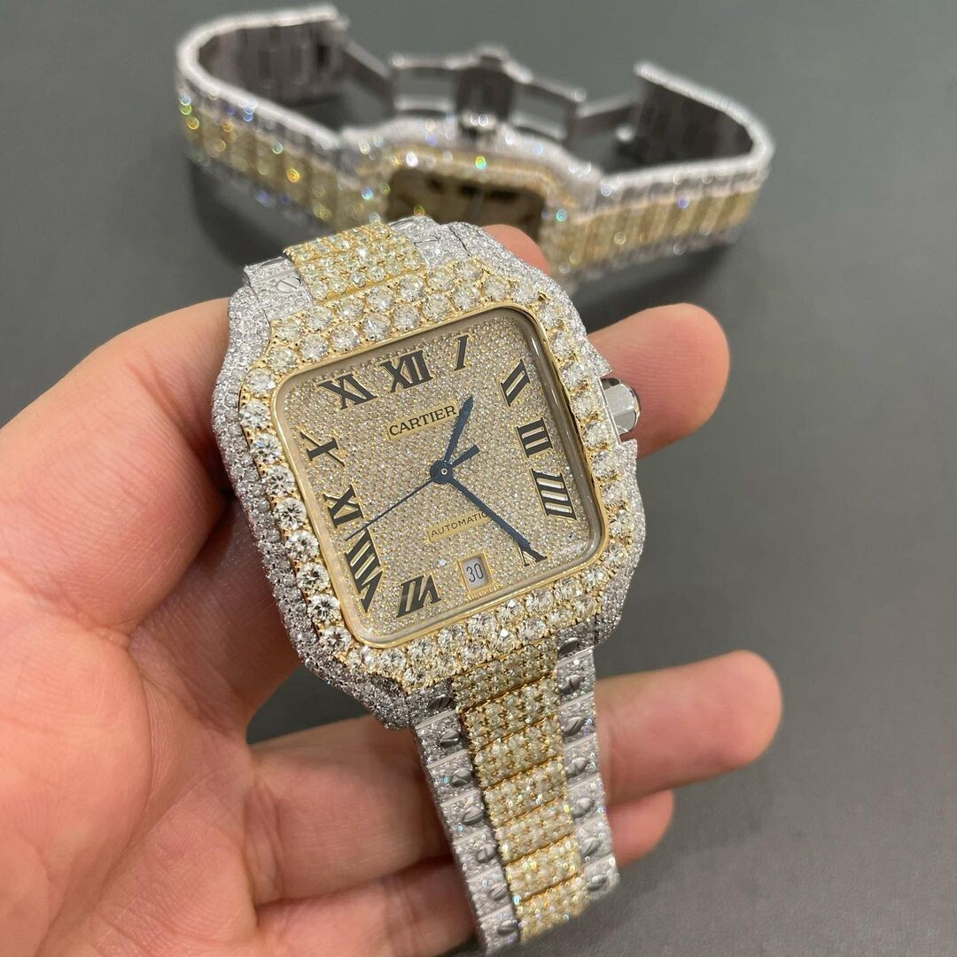 icedout cartier watch moissanite watch vvs d color pass diamond tester