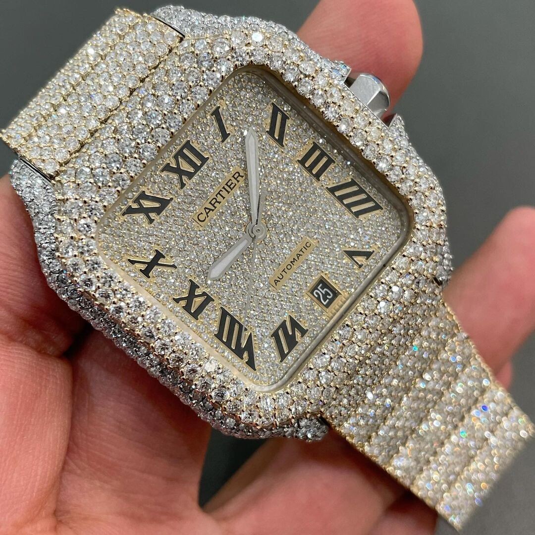 icedout cartier watch moissanite watch vvs d color pass diamond tester