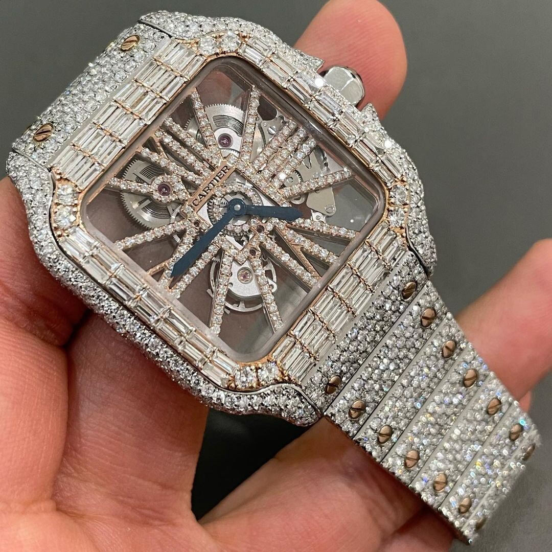 icedout cartier watch moissanite watch vvs d color pass diamond tester