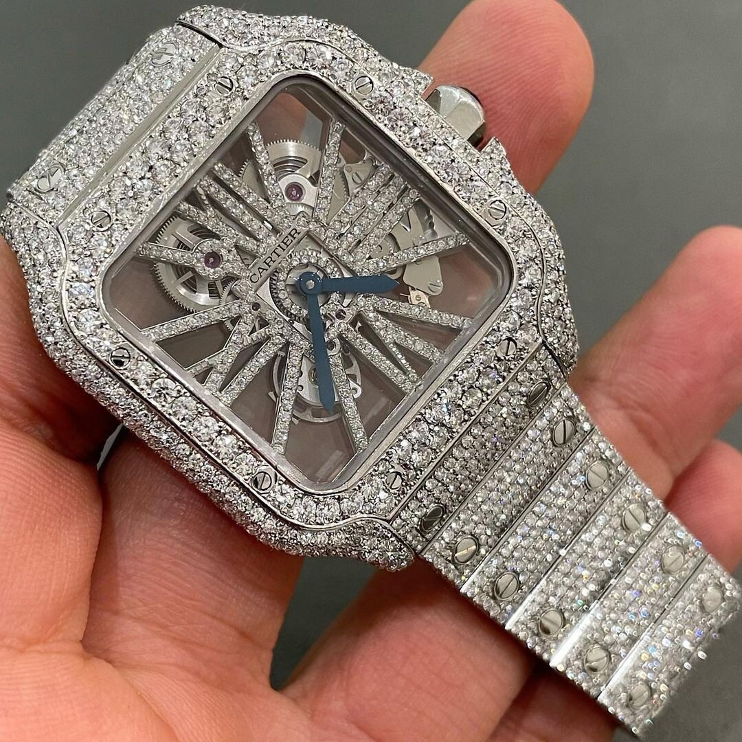 icedout cartier watch moissanite watch vvs d color pass diamond tester