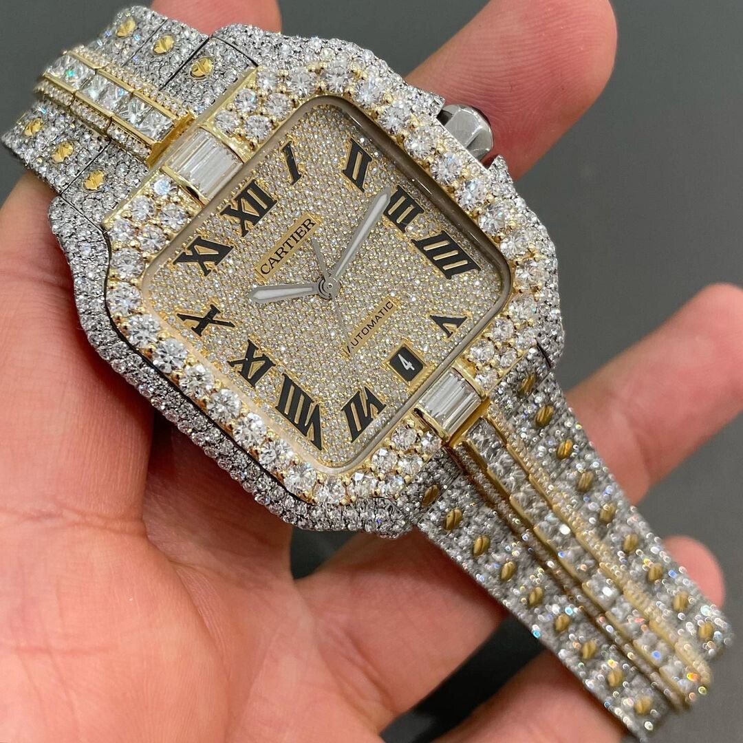 icedout cartier watch moissanite watch vvs d color pass diamond tester