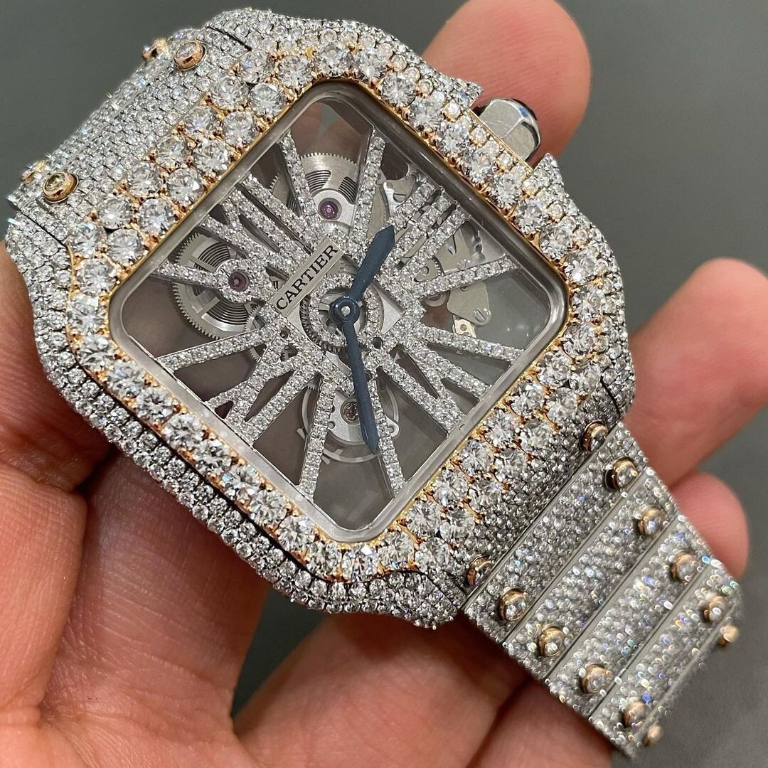 icedout cartier watch moissanite watch vvs d color pass diamond tester