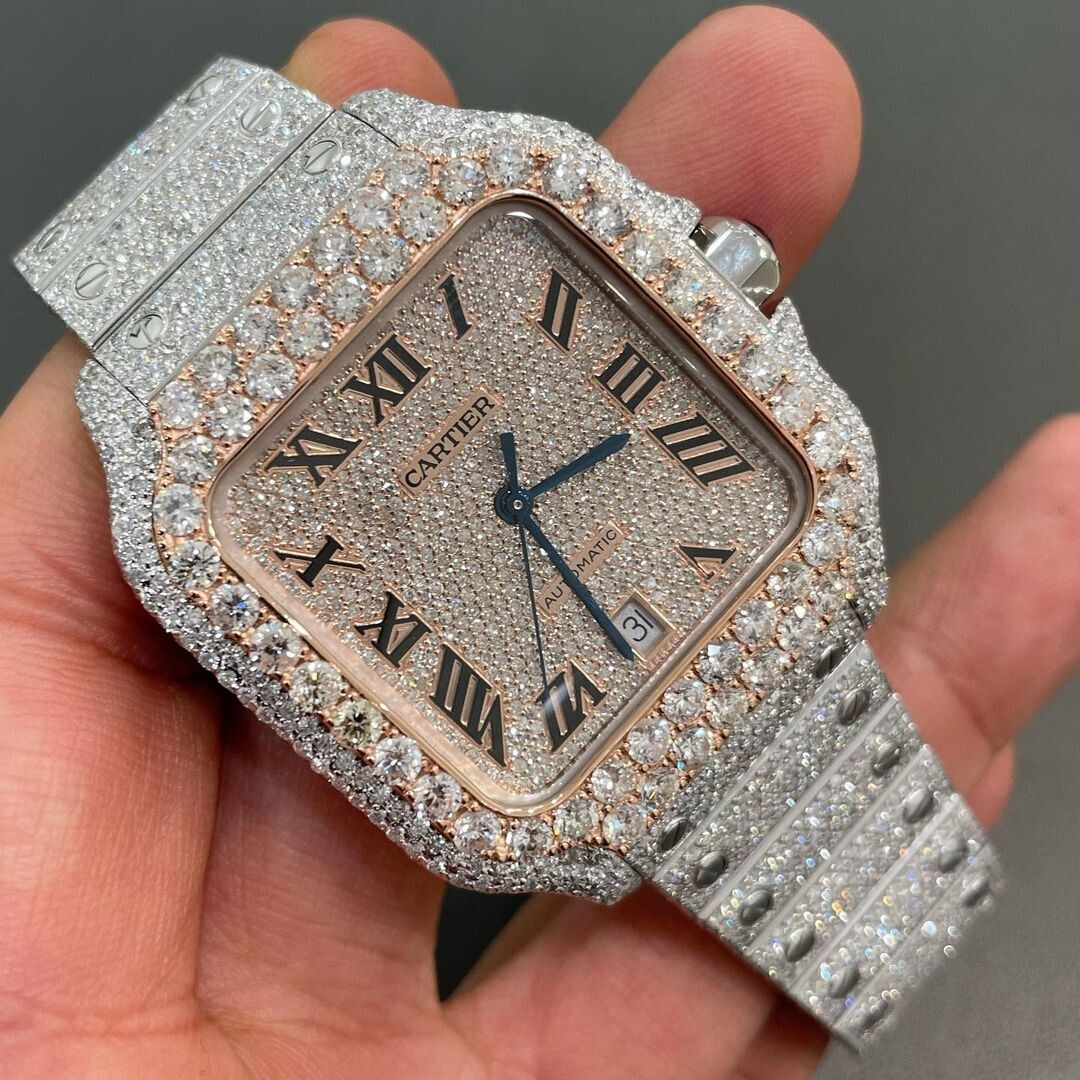 icedout cartier watch moissanite watch vvs d color pass diamond tester