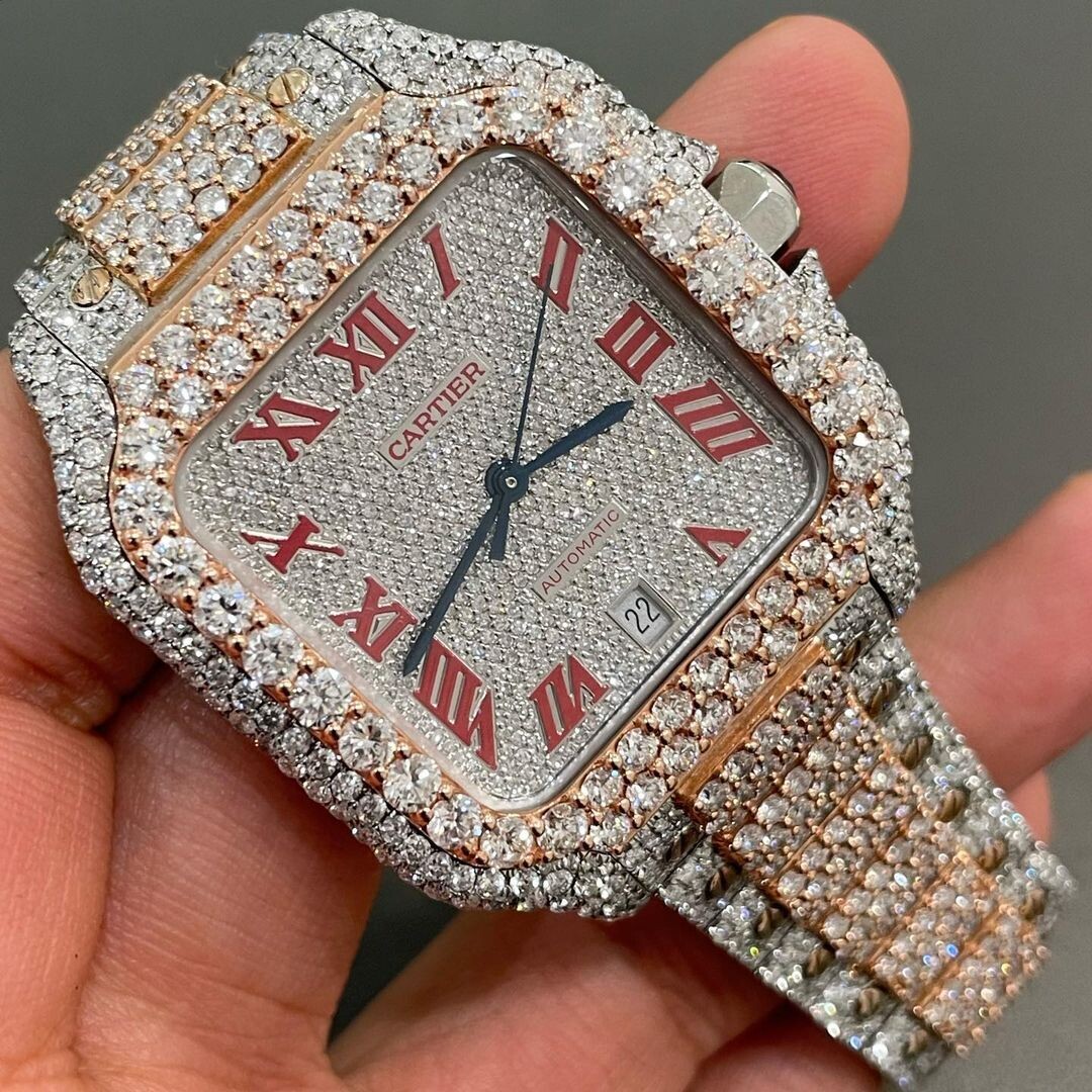icedout cartier watch moissanite watch vvs d color pass diamond tester