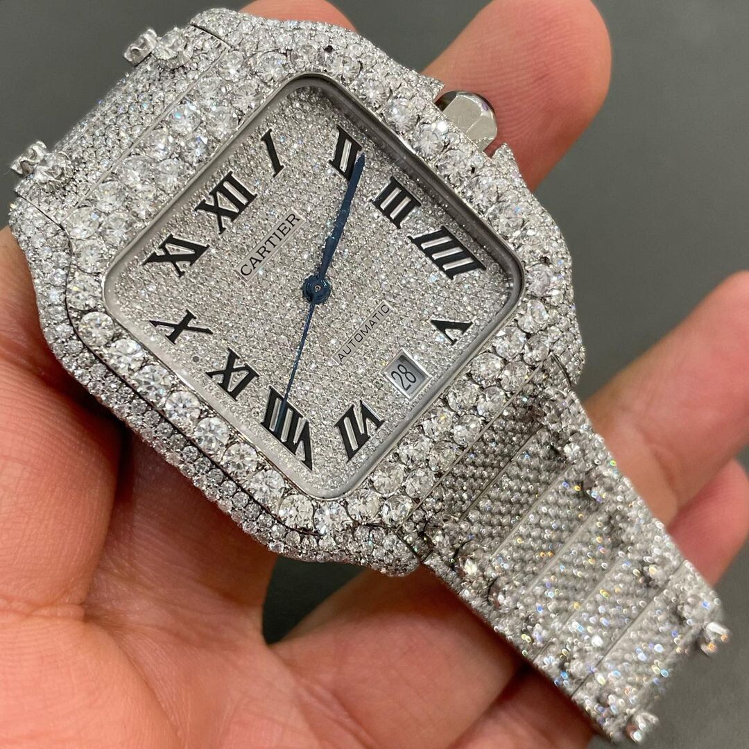 icedout cartier watch moissanite watch vvs d color pass diamond tester