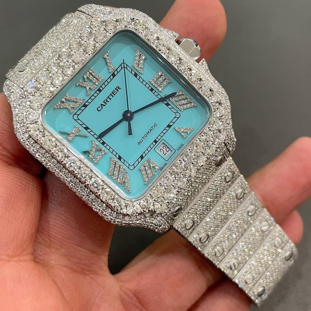 icedout cartier watch moissanite watch vvs d color pass diamond tester