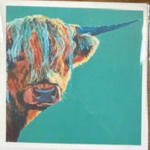 Blue Cow Art - Highland Cow (Green) Greeting Card