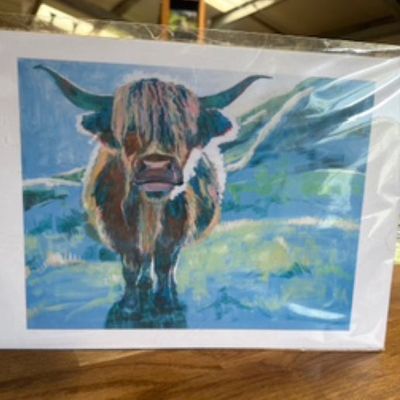 Blue Cow Art - Scenic Highland Cow A4 Print