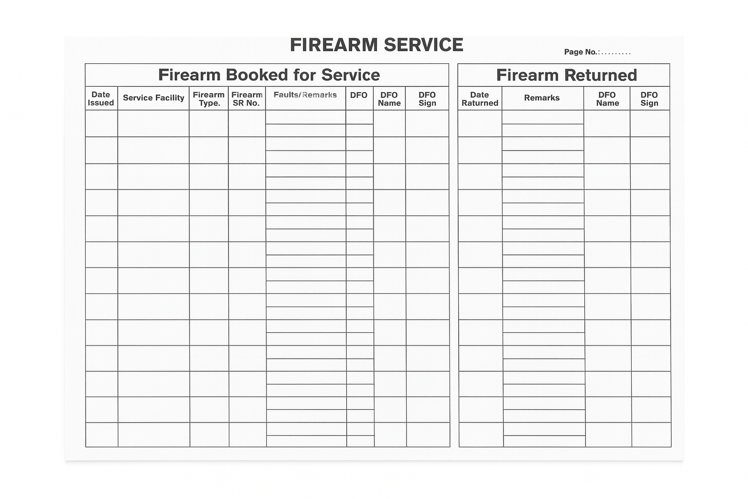 Firearm Service 200 Page A4 Register