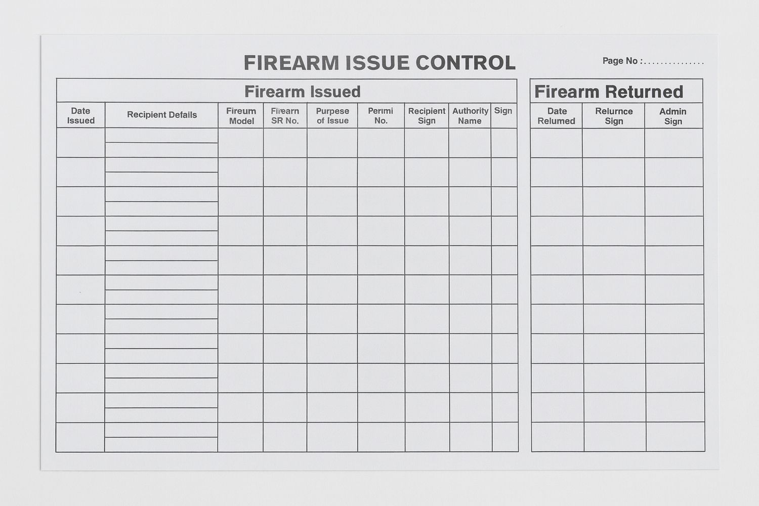 Firearm Issue Control 200 Page A4 Register