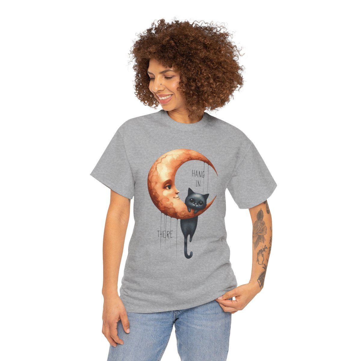 Whimsical Cat and Moon  - &#39;Hang in There&#39;