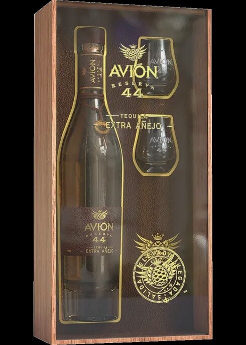 Avion Tequila Extra Anejo Reserve 44 with glasses
