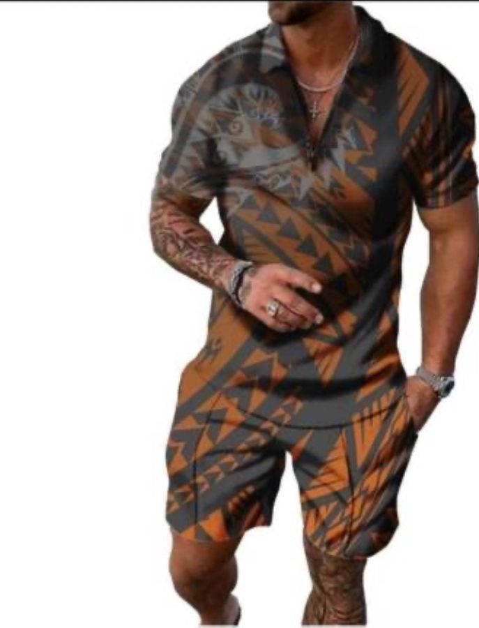 Black and Orange Zip up Shirt and Shorts Set