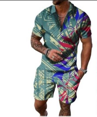 Ocean Blue and Red Zip up Shirt and Shorts Set